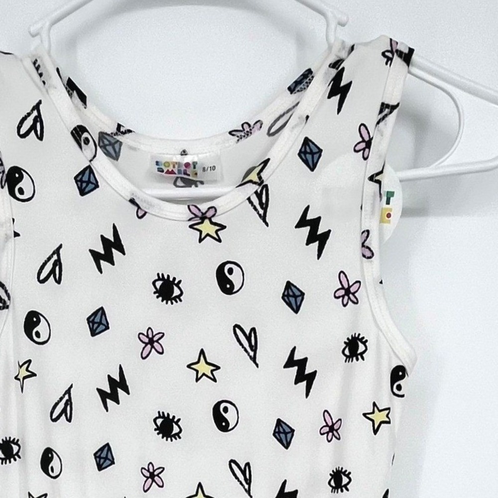 Dot Dot Smile Doodle Print Skater Dress Girl 8/10 White Yin Yang Star Sleeveless